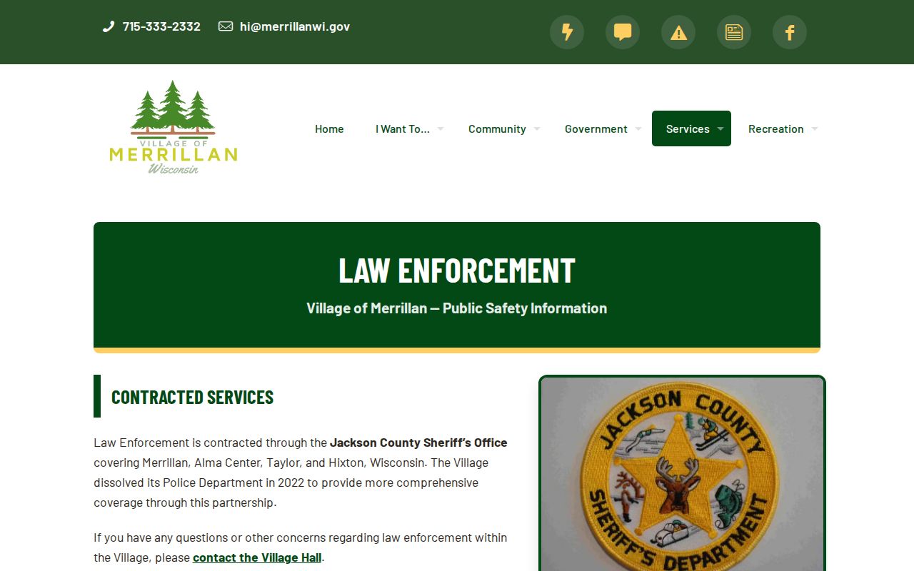 Jackson County Merrillan arrest records contracted law enforcement page